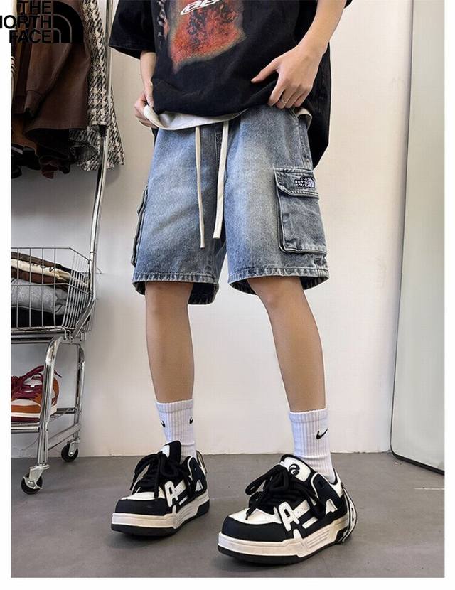 The North Face's new summer collection, unisex denim shorts with elastic waist