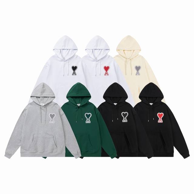 203#Ami classic big heart embroidered hooded sweatshirt Made of 380g pure cotton