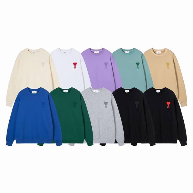 202#Ami classic heart embroidered round neck sweatshirt Made of 380g pure cotton