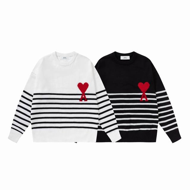 304#Ami High-quality striped embroidered heart round neck sweater is now availab