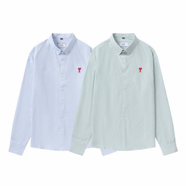 801#Ami Heart Embroidered Striped Shirt 1:1 Custom Unisex Style Available Now Bl