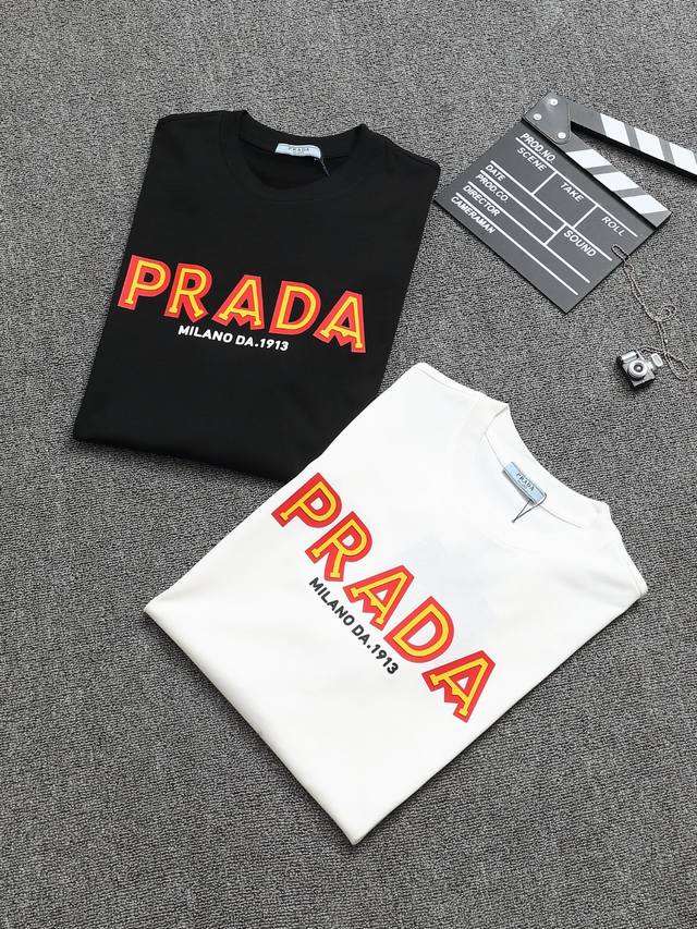 Prada 25Ss Crafted with 3D silicone cotton short-sleeved T-shirt! Double yarn 32