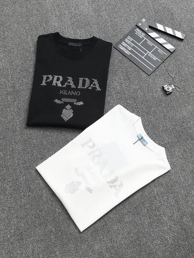 Prada 25Ss Craftsmanship: Hot-studded pure cotton short-sleeved T-shirt! Double-