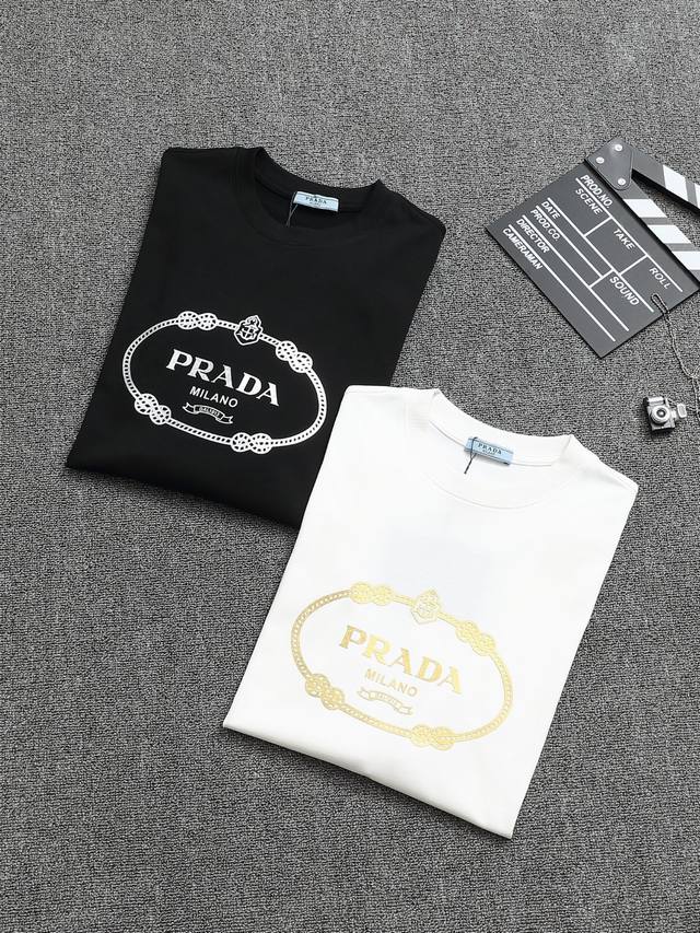 Prada 260g round neck short-sleeved T-shirt Iconic crown logo print Official 1:1