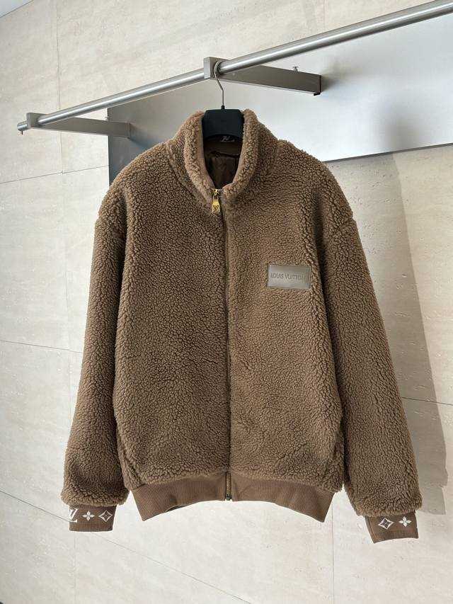 Lv Louis Suede Teddy Waist Jacket features contrasting Monogram jacquard lining
