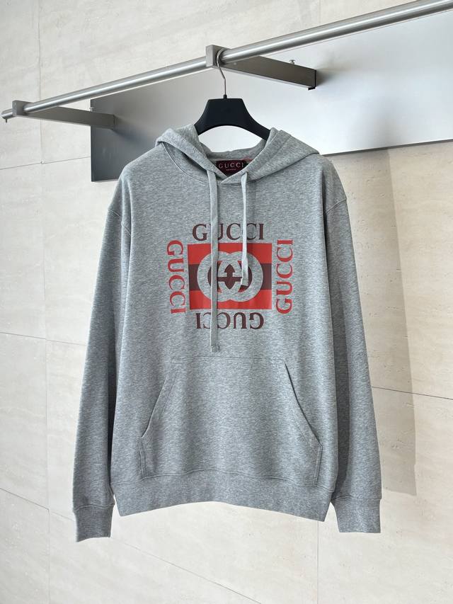 Gucc* Double G print hooded sweatshirt DDD. Custom-dyed plain heather grey cotto