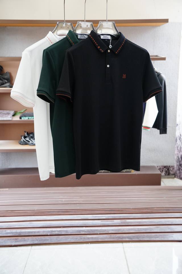 Hermes 2025Ss New Summer Logo Men's Lapel Polo Shirt! A classic business men's s