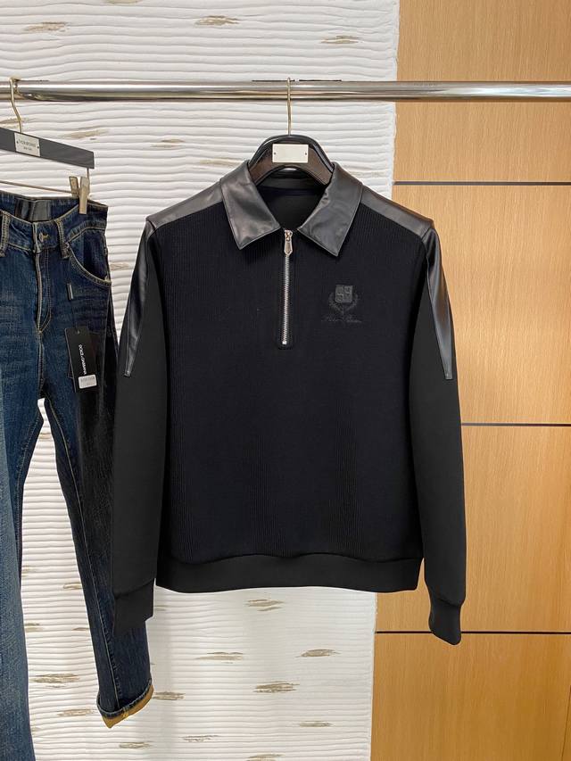 Lp2520 Autumn/Winter wool blend pullover knit sweatshirt. The geometric leather