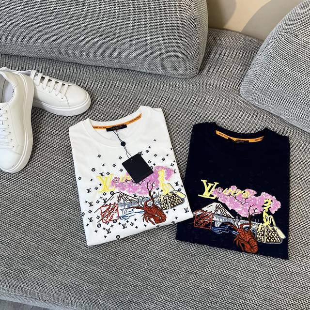 Donkey Brand Lobster Embroidered Round Neck Short Sleeves Fabric: Plain Woven P