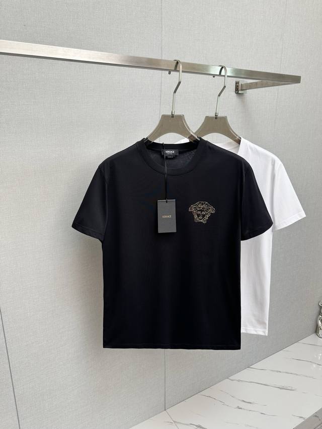 Versace 2025 Spring/Summer new round neck short sleeve large logo original fabri