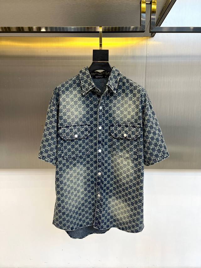 Gucci2025, summer denim short-sleeved lapel jacket, custom washed denim fabric,