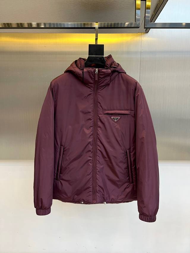 Prada men's hooded Re-Nylon down jacket with goose down and cowhide leather and