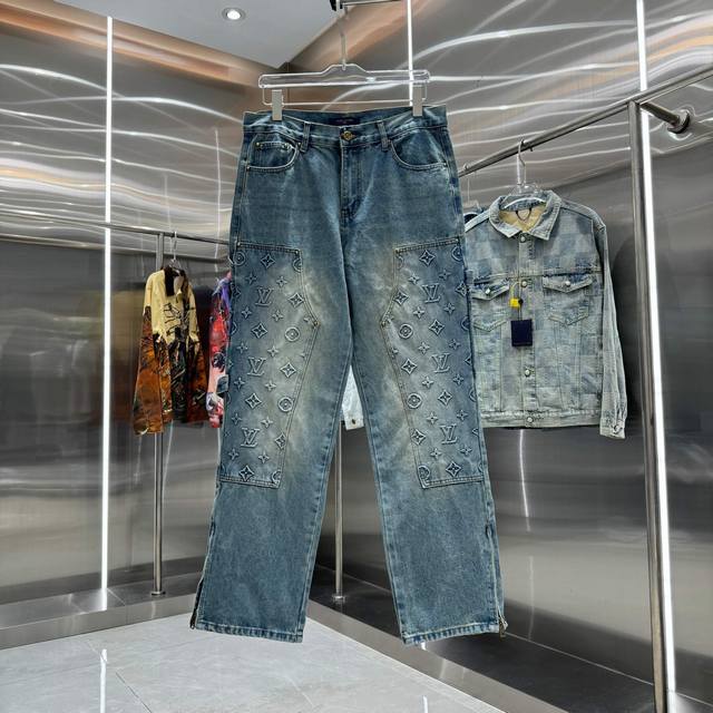 Lv Louis Vuitton white embossed jeans overalls DDD. Fabric: dense, dense, left-h
