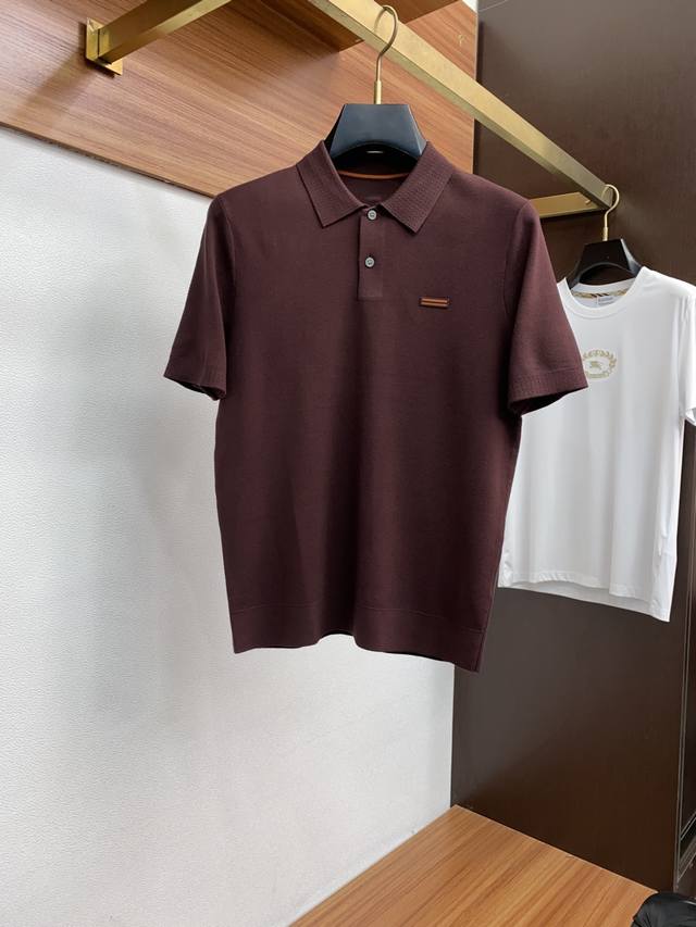 Zegna men's high-end, simple, crew-neck, lapel, thickened knit short-sleeved sw