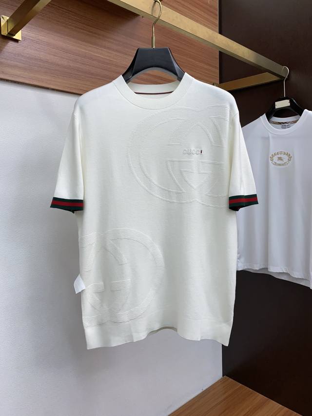 Gucci men's high-end, simple, crew-neck, thickened knitted short-sleeved sweater