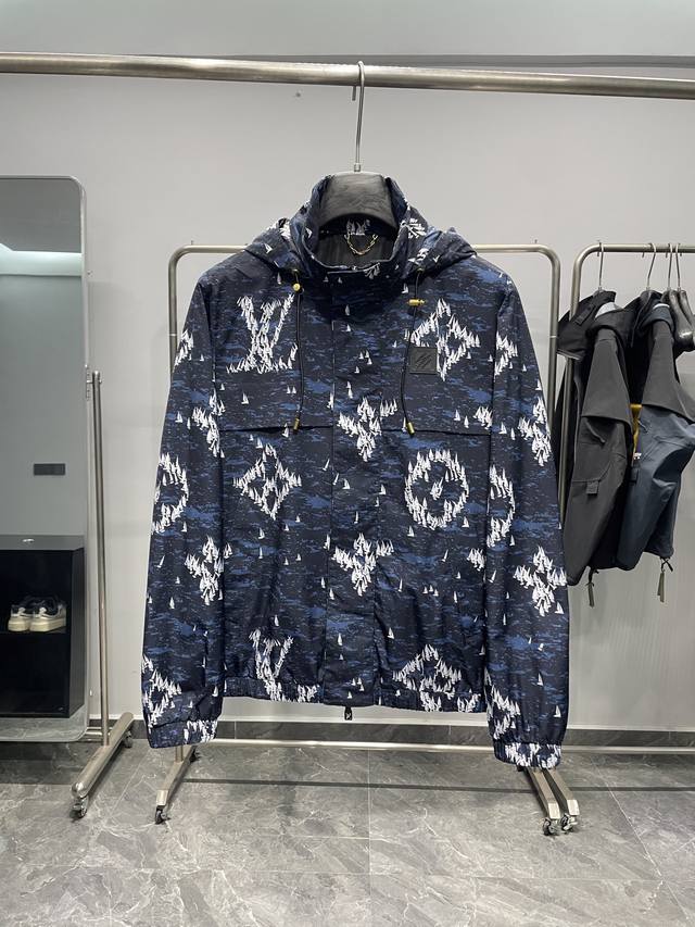 Lv25Fw New autumn dark blue sailboat print nylon hooded windbreaker jacket! Feat