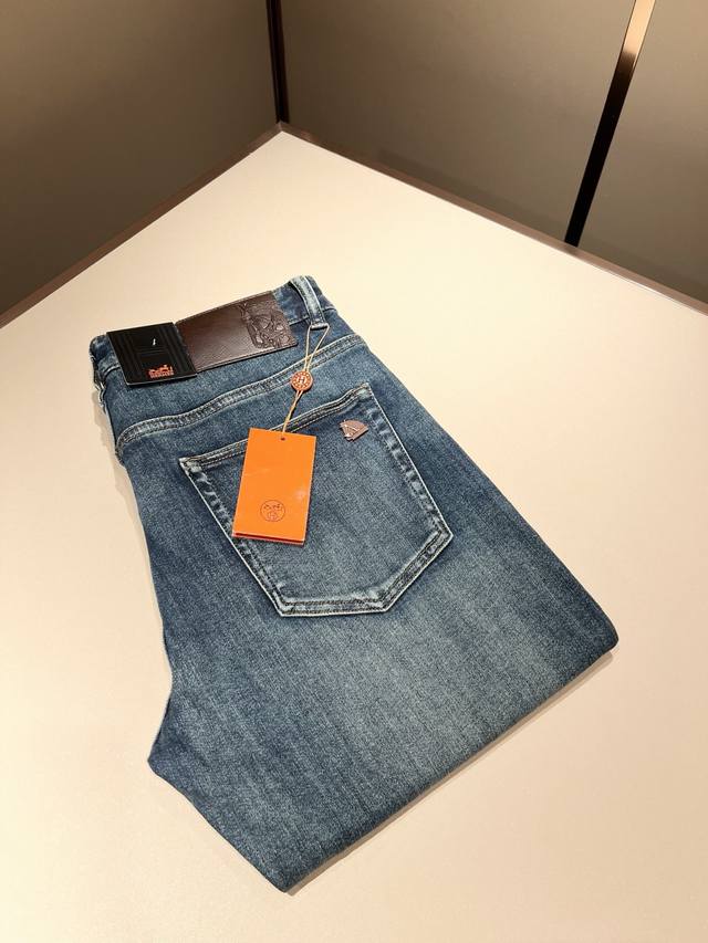 Herm*S 2025 Spring/Summer Men's High-End Denim Washed Straight Jeans Overseas Tr