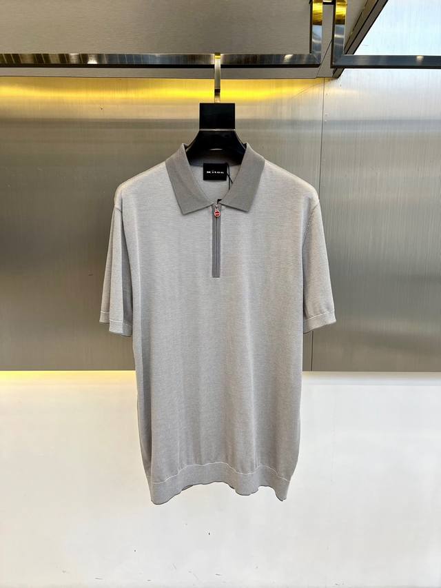 Kiton Sea Island Cotton Half-Zip Lapel T-shirt. The body of the shirt is crochet