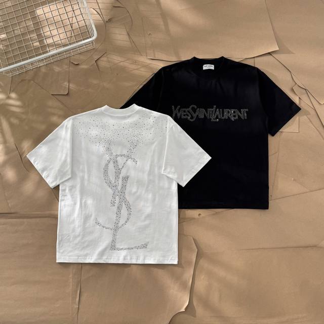 Sl102# Ysl Saint Laurent diamond-embellished large letter couple short-sleeved T