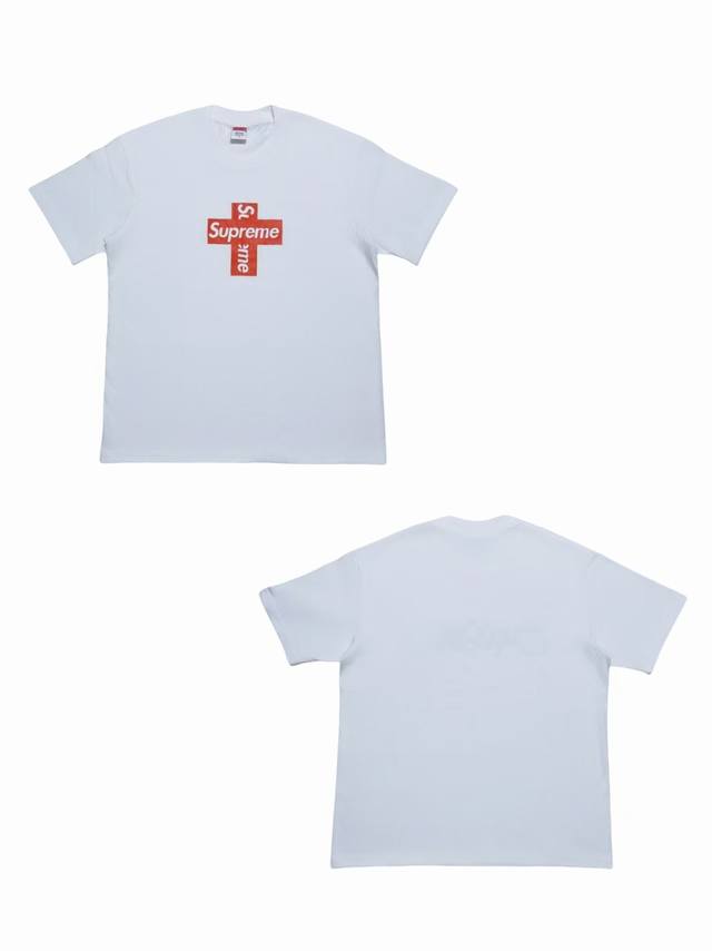 Su101# White background Supreme cross logo round neck T-shirt short sleeve unise