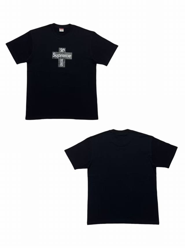 Su102# White background Supreme cross logo round neck T-shirt short sleeve unise