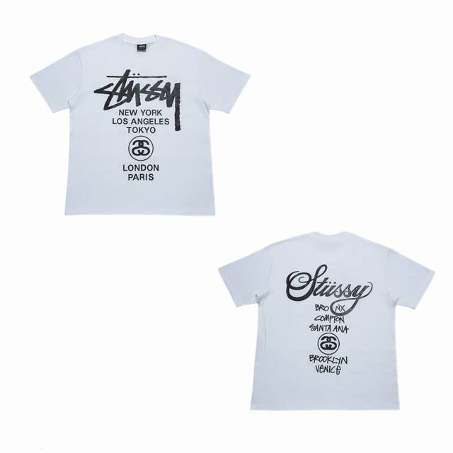 S242# White background Stussy Ss23 World Tour series letter printed round neck s
