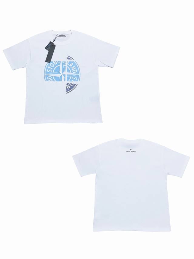 038# Stone Island Logo printed round neck short-sleeved T-shirt in black and whi