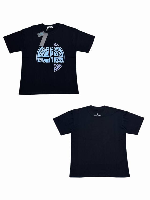 037# Stone Island Logo printed round neck short-sleeved T-shirt in black and whi