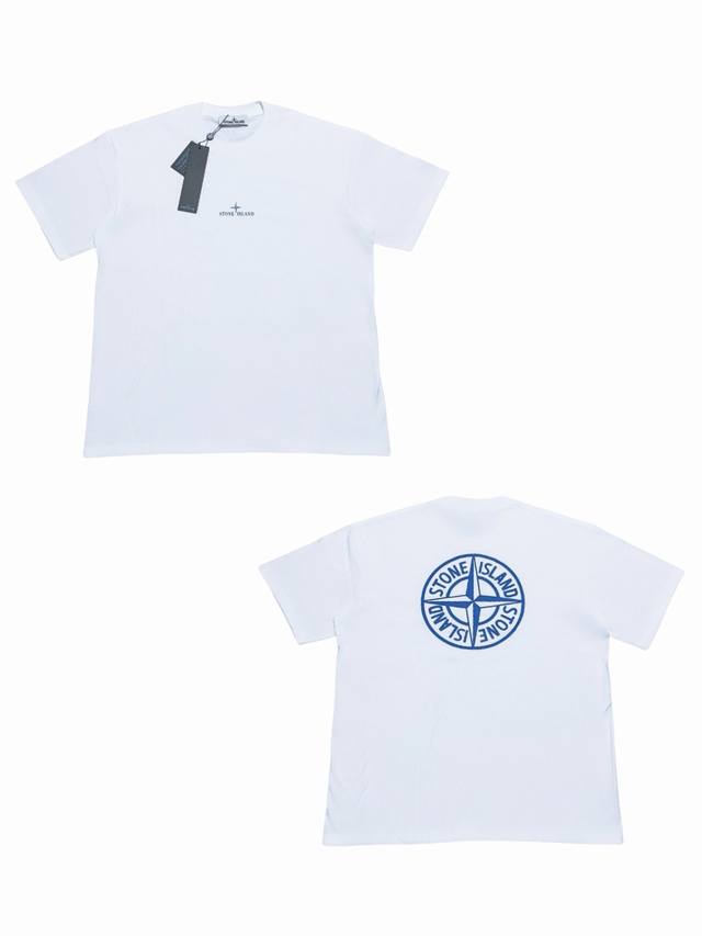 034# Stone Island Fw24 solid cotton logo short-sleeved T-shirt for men, white. T