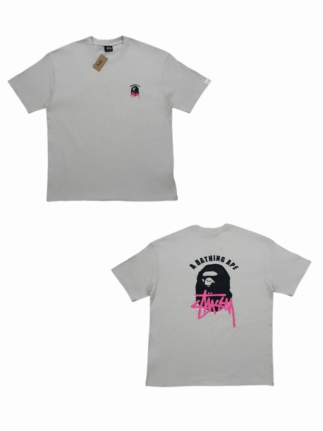 S291# Stussy X Bape Ape Head Joint Short Sleeve T-shirt Color: Light Grey Size:
