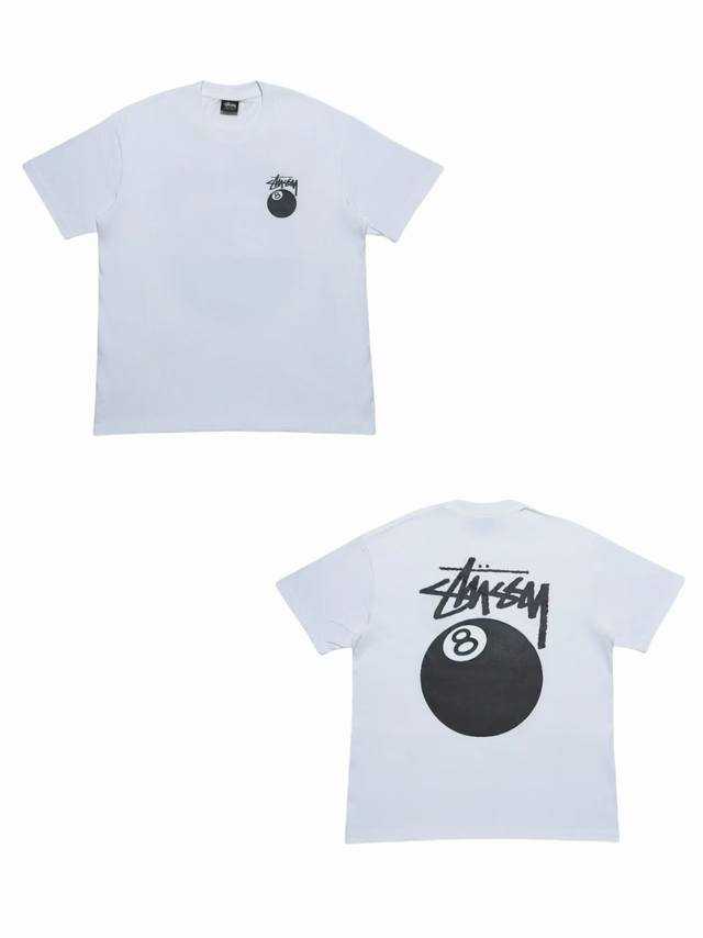 S256# White background Stussy classic black 8 billiards print short-sleeved T-sh
