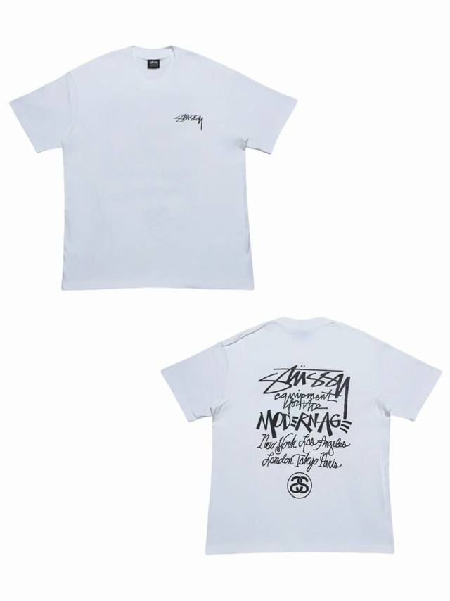 S258# White background Stussy World Tour Series Modernist Logo Graffiti Short Sl