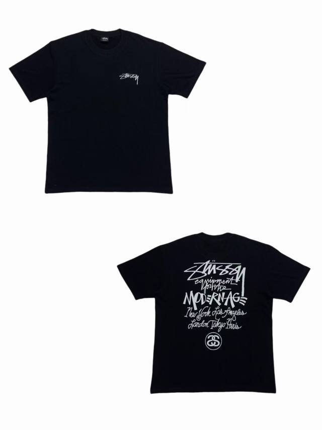 S259# White background Stussy World Tour Series Modernist Logo Graffiti Short Sl