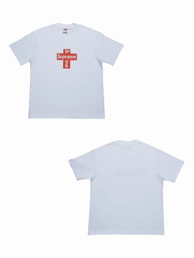 Su113# White background Supreme cross Logot short-sleeved shirt, unisex style us