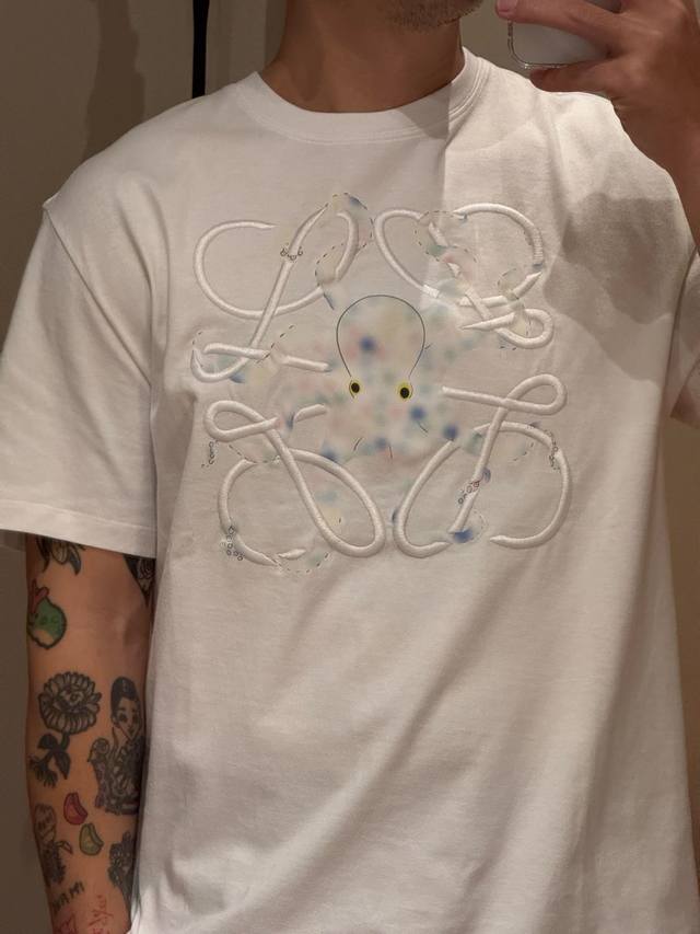 Loewe Octopus Print Embroidered Short Sleeve Fabric: 50s pure cotton plain weave