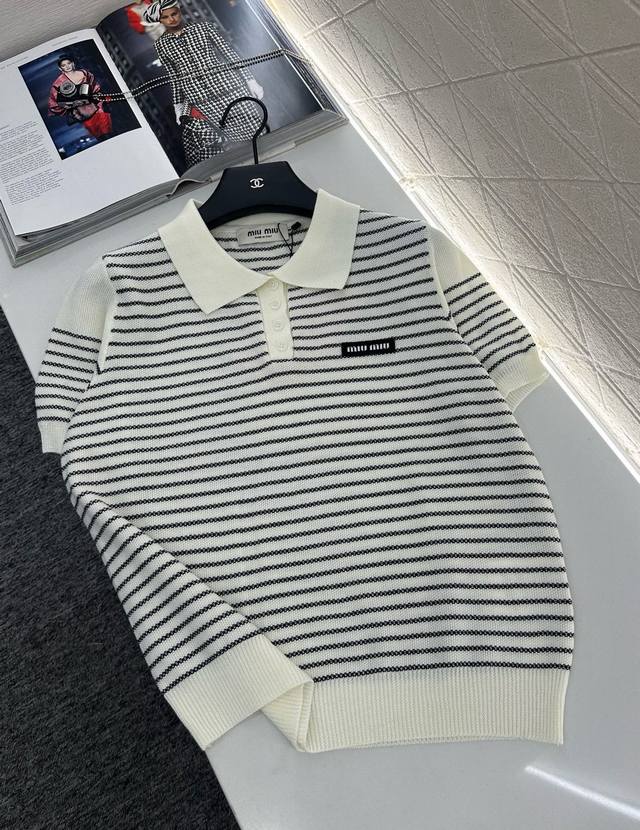 Miumi*2025 New Arrival Lapel Knit Short Sleeves Custom Yb wool yarn weave for a