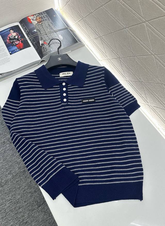Miumi* 2025 New Arrival Lapel Knit Short Sleeves. Custom-woven from Yb wool yarn