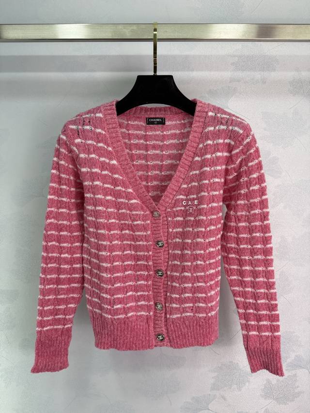 Ch*25 New early fall striped knitted V-neck cardigan with red and white stripes