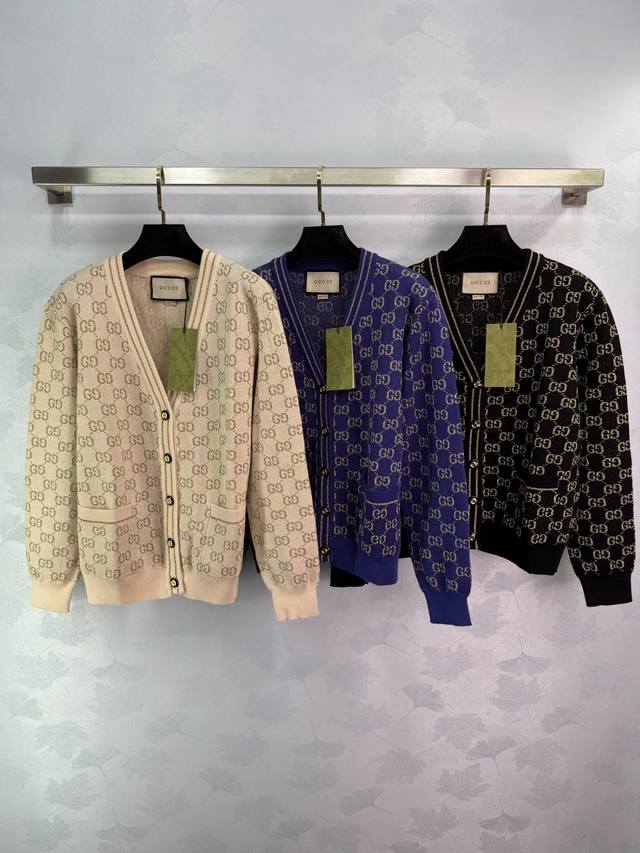 Gucc*24 Early Fall New V-neck Cardigan Classic Gg Gold Jacquard Simple and Fashi