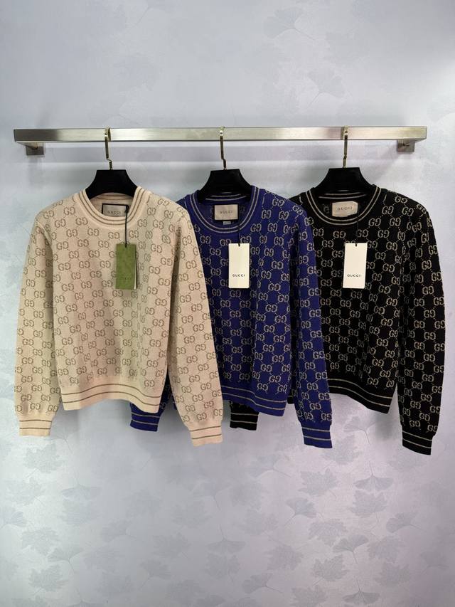 Gucc*25 Early Autumn new round neck long sleeve classic Gg gold jacquard simple