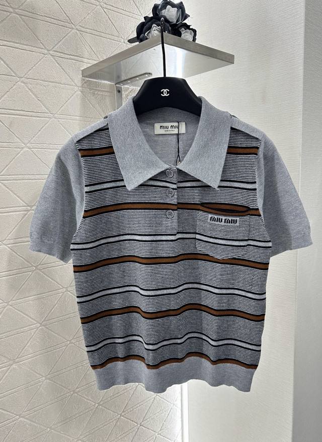 Miumi*2025 New Arrivals Lapel Knit Short Sleeves Custom Yb wool yarn weave for a