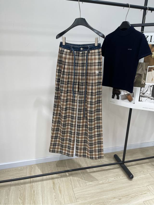 Ann denim-trimmed brown plaid casual trousers DDD. Fabric: Cotton and polyester