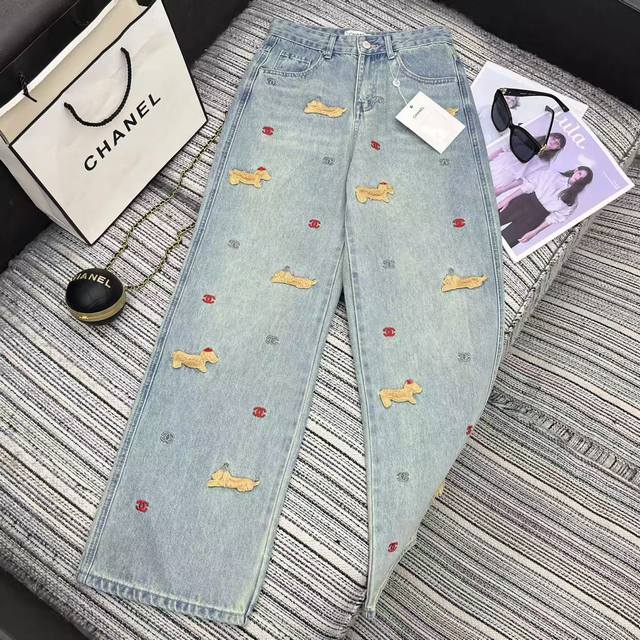 Highly recommend the Cha* new style double C logo puppy embroidered straight-le