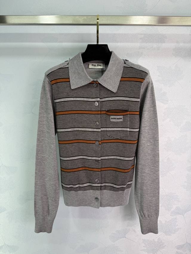 Miu* 2025 Early Fall new striped wool cardigan. Classic polo collar, orange stri