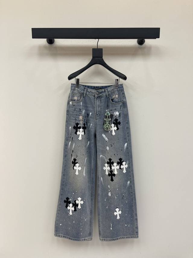 Chrome Heart's new, hand-stipped, multi-embroidered leather cross straight-leg j