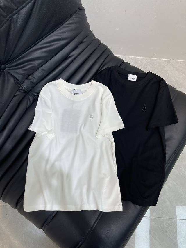 Burberr*25 Spring/Summer new solid color short-sleeved T-shirt with warhorse emb