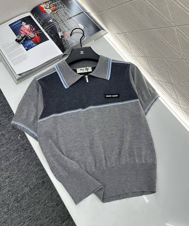 Miumi*2025 New Arrivals: Lapel Knit Short Sleeves. Custom-woven Yb wool yarn for