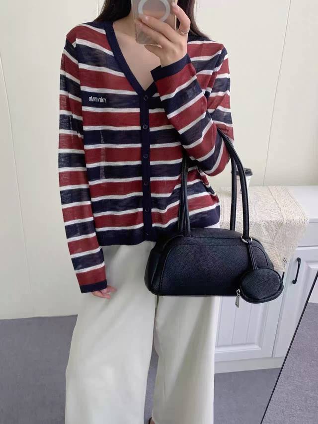 European station new fashion all-match round neck loose slim striped knitted ca