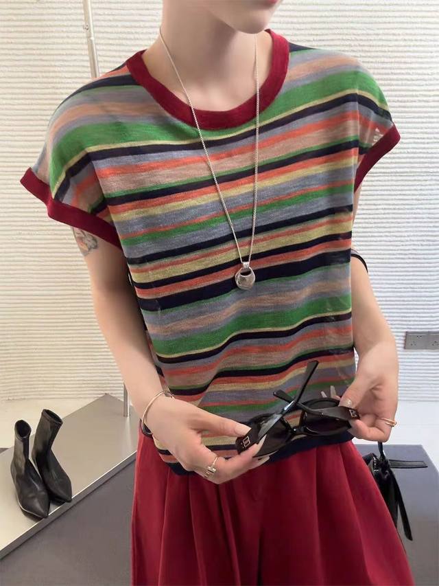Rainbow striped linen sweater European station new European goods stylish top o