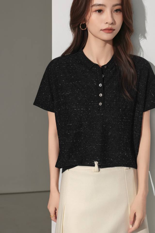 Autumn new linen merino wool stand collar button short sleeve M-Xl DDD